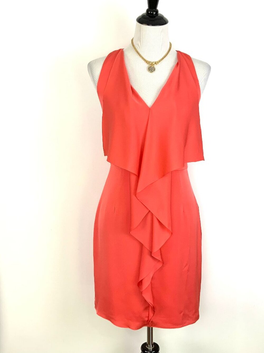 Barneys New York Pink/Salmon Silk Ruffle Front Sleeveless Shift Dress Size 6